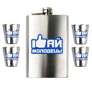 Набір ТМ 4Profi Фляга Срібло + чотири чарки + лійка, з налипкою 9oz 255 мл "АЙ Молодець" фото