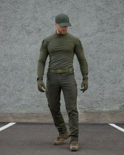 Демисезонный военный комплект Капелан (рубашка тактическая Combat хаки, Брюки карго тактические капелан хаки, Перчатки тактические Protective хаки, тактическая бейсболка military, ремень хаки) BEZET фото