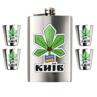 Набір ТМ 4Profi Фляга Срібло + чотири чарки + лійка, з налипкою 9oz 255 мл "Київ" фото