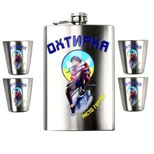 Набір ТМ 4Profi Фляга Срібло + чотири чарки + лійка, з налипкою 9oz 255 мл "Охтирка Місто Героїв" фото