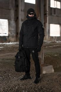 Демисезонный военный комплект (куртка techwear черный, Брюки карго шпион черный, Шапка флисовая черный, Рюкзак тактический Soldier торной, рукавицы черный, Очки тактические черный) BEZET фото