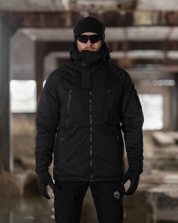 Демісезонний військовий комплект (куртка techwear чорний, Штани карго шпигун чорний, Шапка флісова чорний, Рюкзак тактичний Soldier чорний, Рукавиці тактичні Protective чорний, Окуляри тактичні чорний) BEZET фото