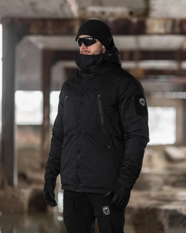 Демісезонний військовий комплект (куртка techwear чорний, Штани карго шпигун чорний, Шапка флісова чорний, Рюкзак тактичний Soldier чорний, Рукавиці тактичні Protective чорний, Окуляри тактичні чорний) BEZET фото