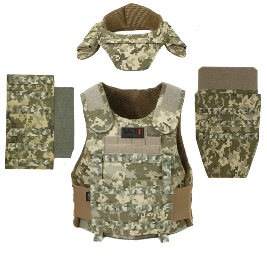 Балістичний комплект FULL 360&ordm;, 1 або 2 класу, піксель. Балістична майка, захист шиї, попереку, паху, MOLLI