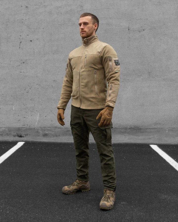 Демісезонний військовий комплект (Кофта флісова Soldier пісочний, Штани карго теплі патрон хакі, Рукавиці тактичні Protective пісочний) BEZET фото