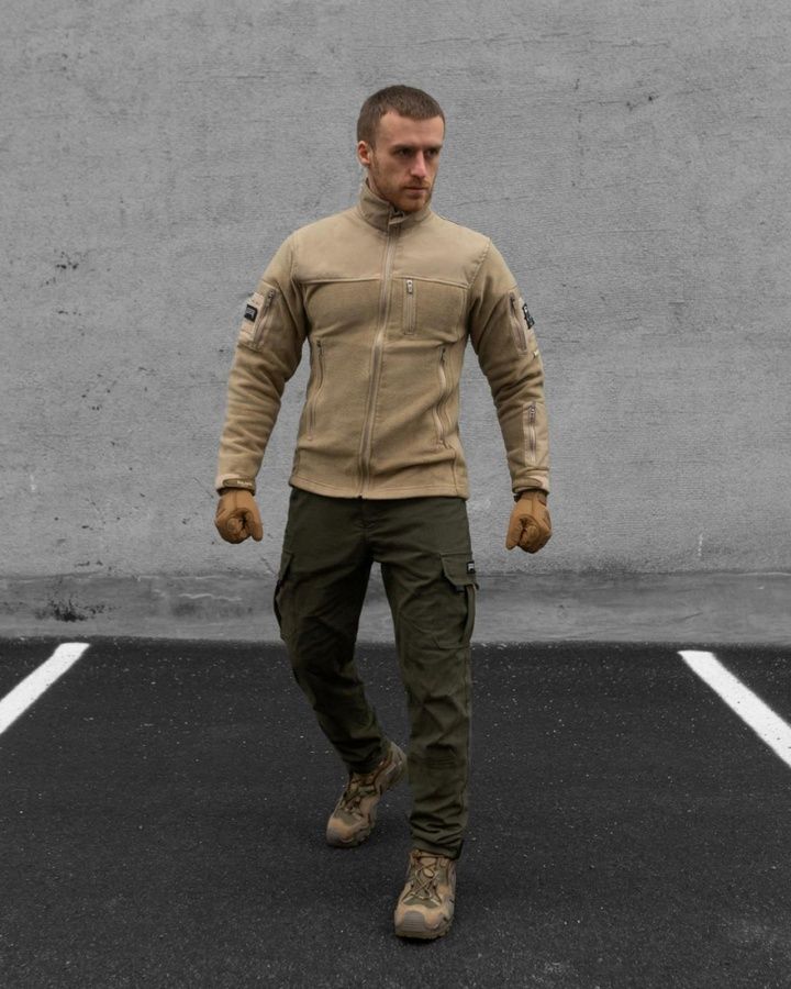 Демісезонний військовий комплект (Кофта флісова Soldier пісочний, Штани карго теплі патрон хакі, Рукавиці тактичні Protective пісочний) BEZET фото