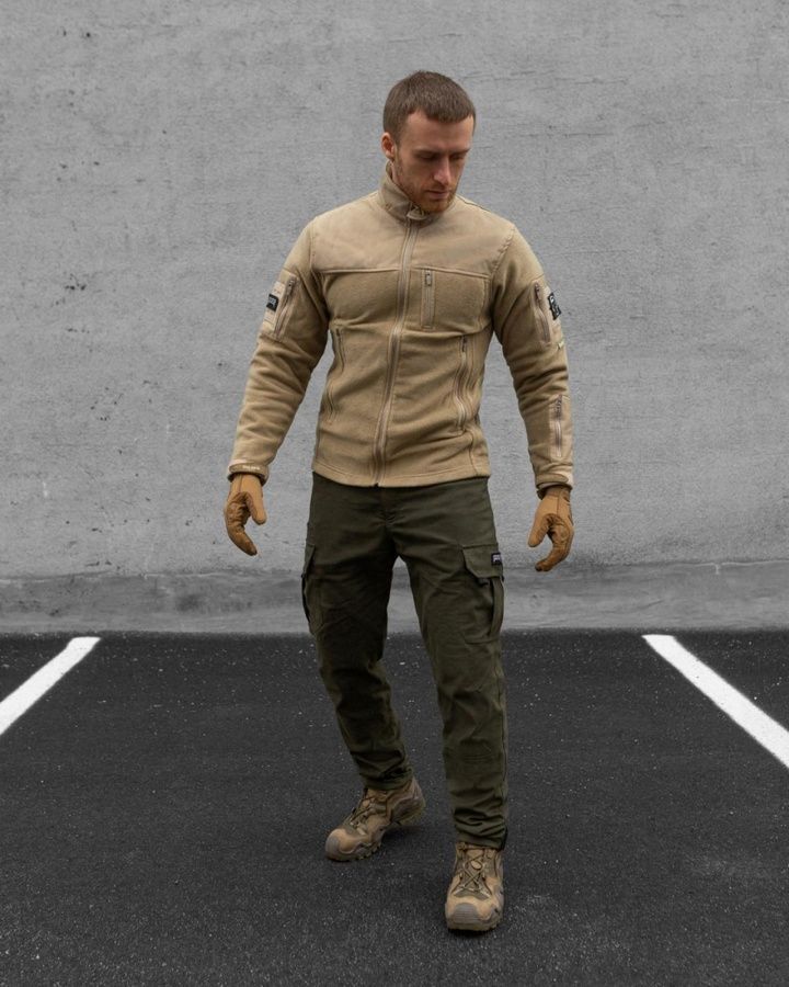 Демісезонний військовий комплект (Кофта флісова Soldier пісочний, Штани карго теплі патрон хакі, Рукавиці тактичні Protective пісочний) BEZET фото