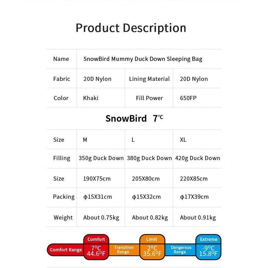 Спальник з натуральним пухом Naturehike Snowbird NH20YD001, p-р L, коричневий 380 г фото