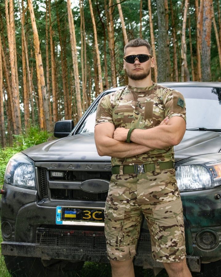 Летний военный комплект (Футболка быстросохнущая тактическая мультикам, шорты карго тактические military мультикам) BEZET фото