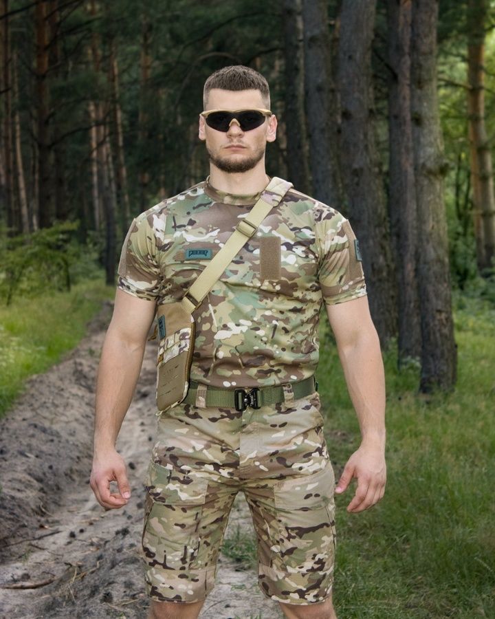 Летний военный комплект (Футболка быстросохнущая тактическая мультикам, шорты карго тактические military мультикам) BEZET фото