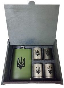 Набір подарунковий 4 Profi в коробці Тризуб (Фляга 9 OZ+ 4 чарки патрон) фото